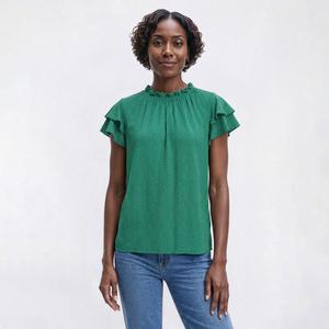 Womens Adrianna Papell Flutter Sleeve Ruffle Neck Dot Blouse